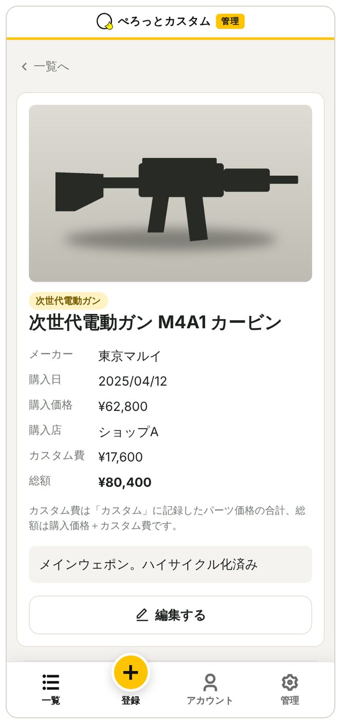 銃の詳細ページ(購入価格・カスタム費・総額)
