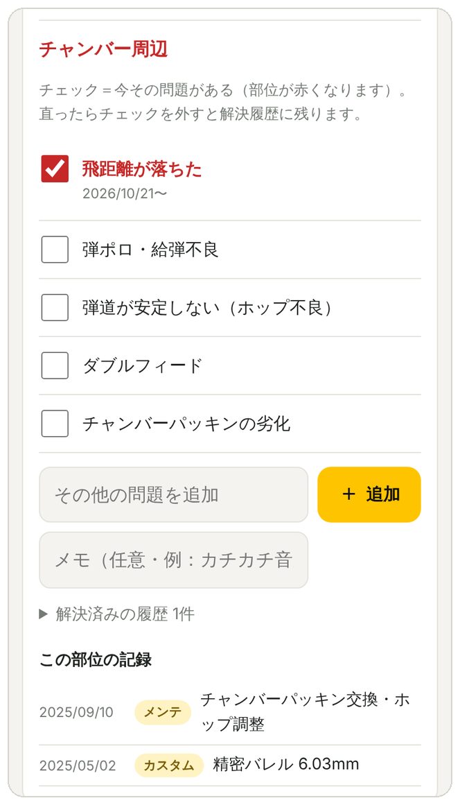 チャンバー周辺のチェックリストと部位の記録